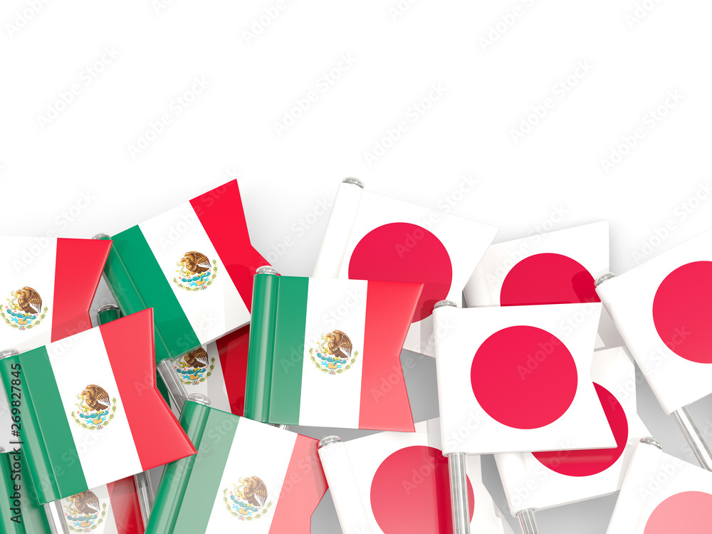 Pins with flags of Mexico and japan isolated on white. Pins with flags of Mexico and japan isolated on white.