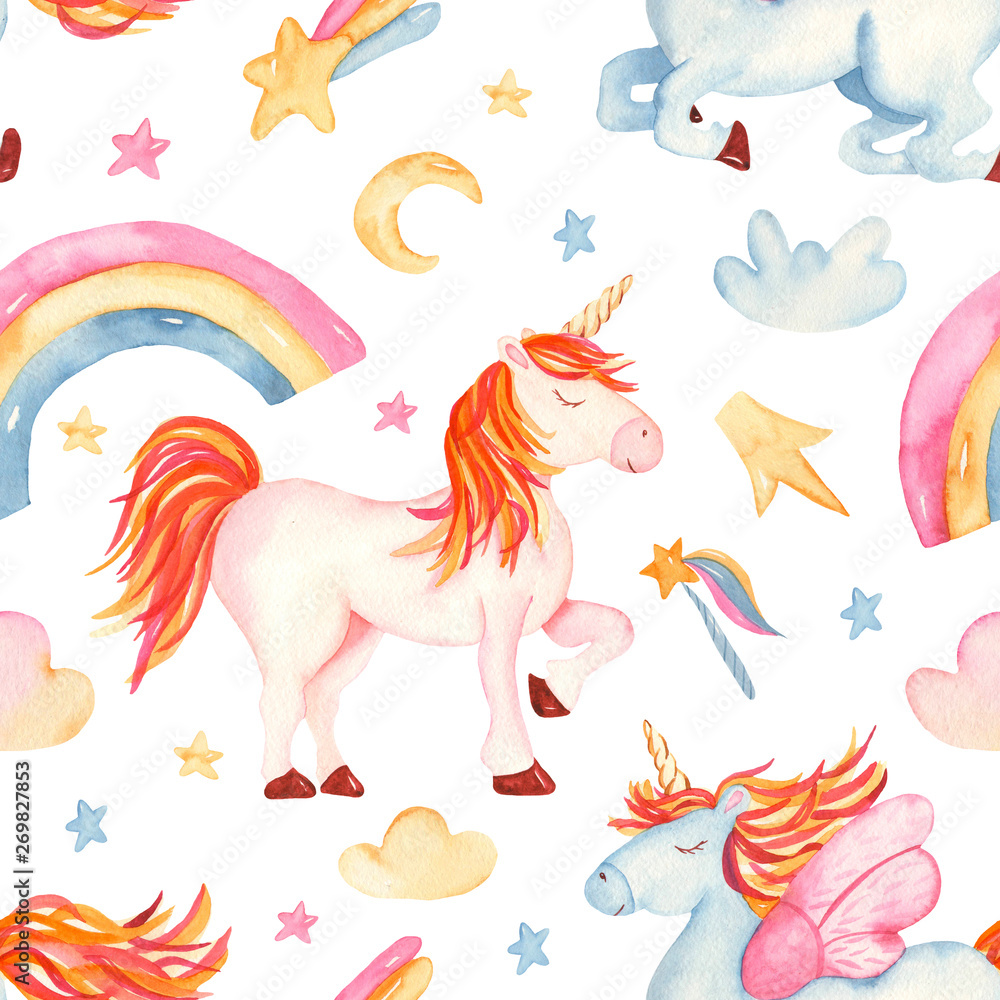 Watercolor seamless pattern with cute cartoon romantic unicorn, rainbow, stars, clouds. Texture for baby design, wallpaper, scrapbooking, prints, clothing, fabrics, textiles, baby shower.