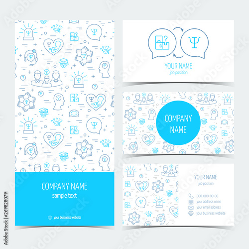 Set of flyer, brochure and business cards for psychology center. Psychology help. Set of promotional products. Flat design. Vector