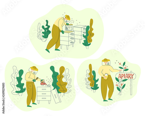 Beekeeper in a protective suit working on apiary. Honey organic business production process set. Isolated flat trendy cartoon modern style Illustration character collection.