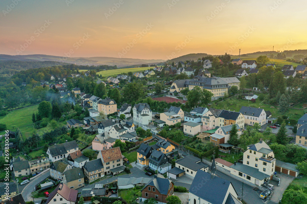 Aerial view of a small town in saxony, hartenstein 