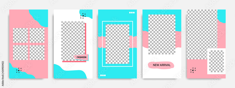 Abstract social media post stories / story template in pink, blue turquoise and white color