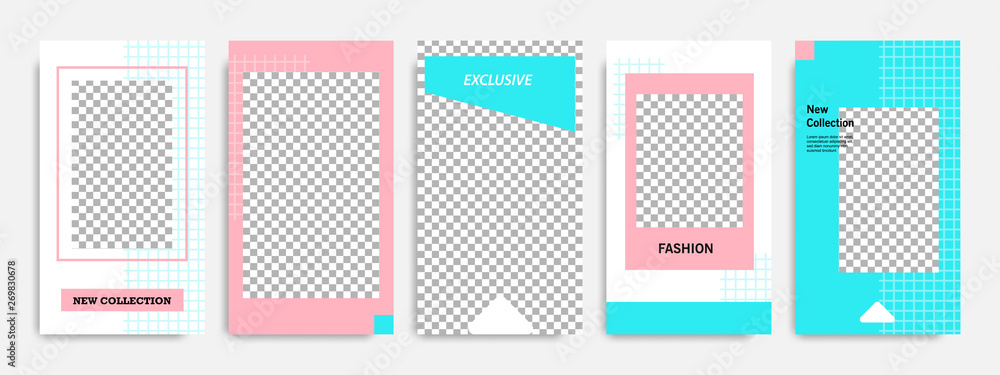 Abstract social media post stories / story template in pink, blue turquoise and white color