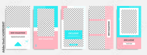 Abstract social media post stories / story template in pink, blue turquoise and white color