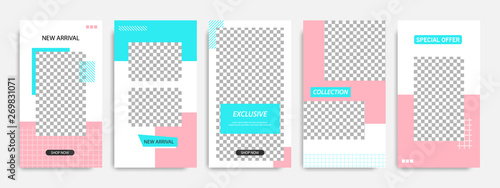 Abstract social media post stories / story template in pink, blue turquoise and white color