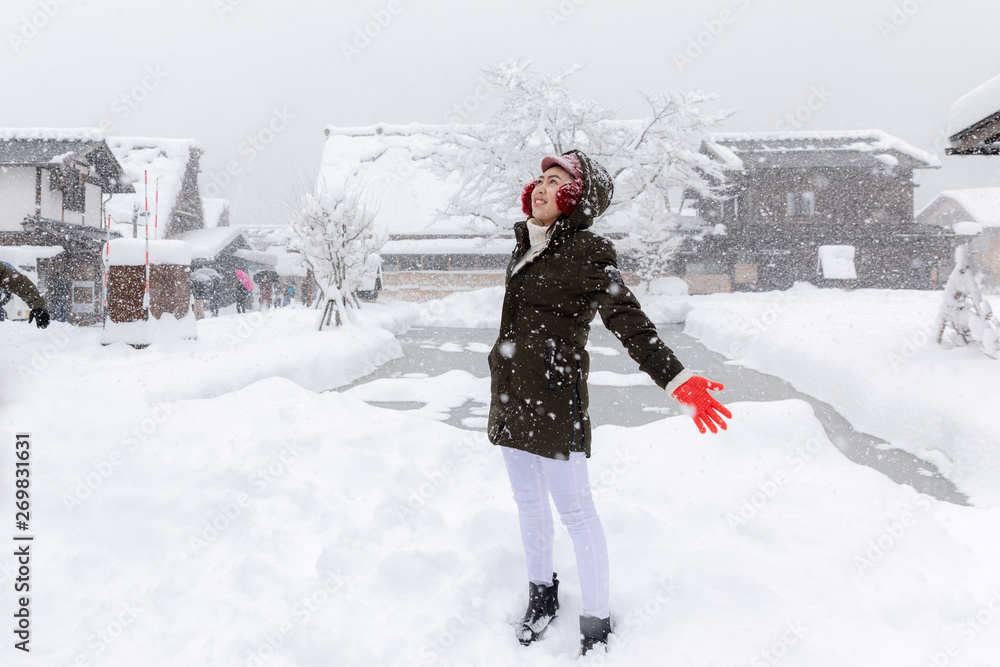 young asian woman girl in the winter snow season young asian woman girl in the winter snow season