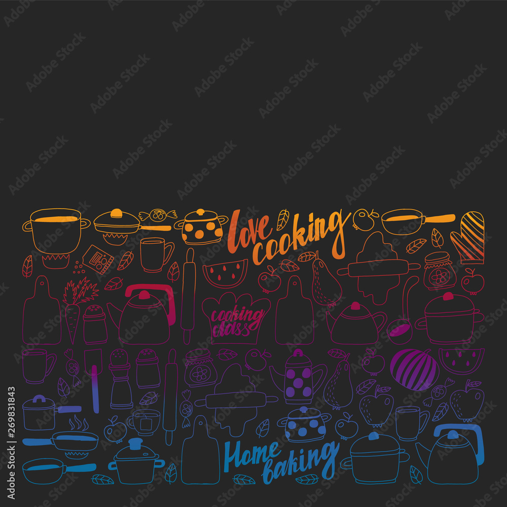 Obraz premium Vector set of pirates children's drawings icons in doodle style. Painted, colorful, gradient pictures on a piece of paper on blackboard.