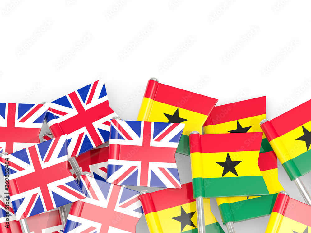 Fototapeta premium Pins with flags of UK and ghana isolated on white.