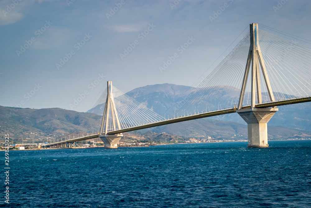 The Rio Antirrio Bridge, is one of the world's longest multi-span cable-stayed bridges and longest of the fully suspended type. It crosses the Gulf of Corinth over the deep blue sea near Patras.