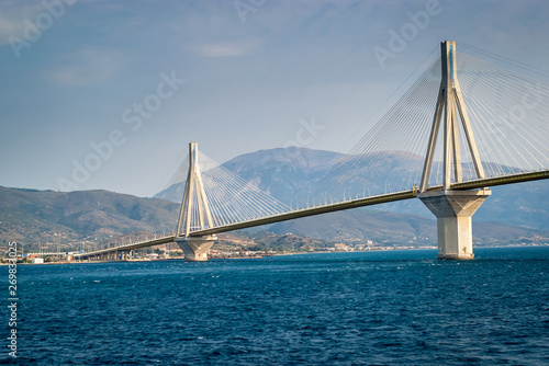 The Rio Antirrio Bridge, is one of the world's longest multi-span cable-stayed bridges and longest of the fully suspended type. It crosses the Gulf of Corinth over the deep blue sea near Patras.