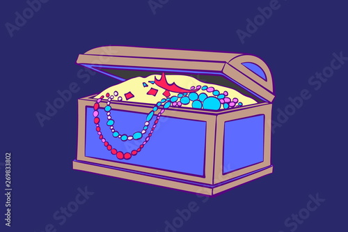 Treasure box for storage of jewelry. Decorative casket with gold coins, necklaces. Ñartoon vector illustration isolated on blue background
