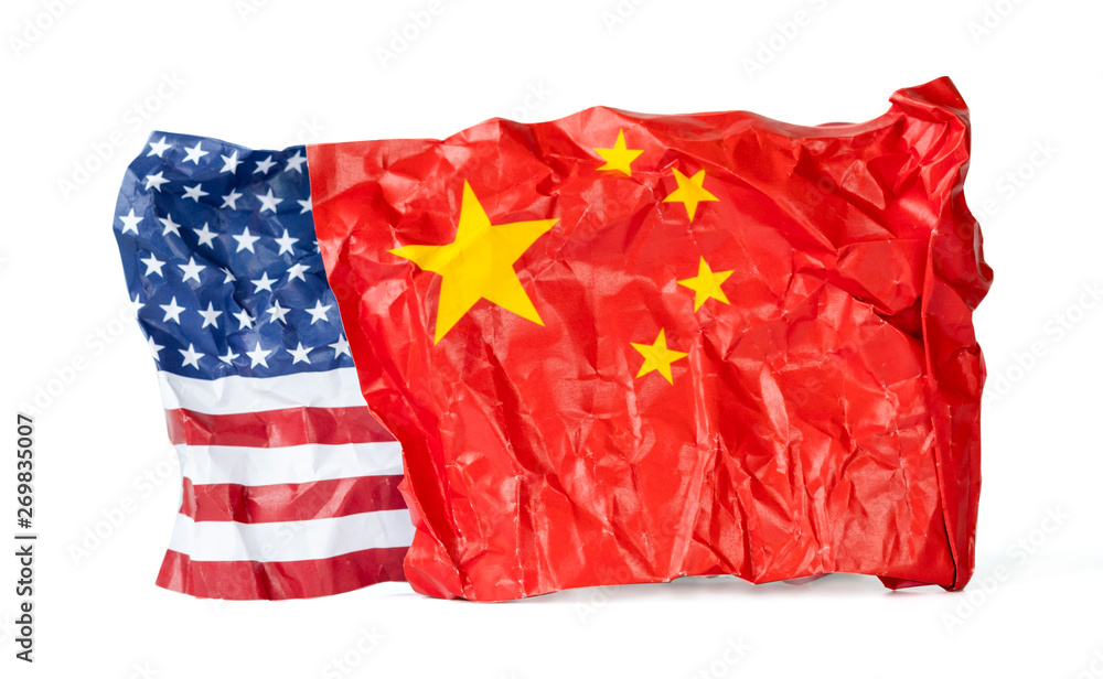 Wrinkle of USA and China flag on sky background. It is symbol of United states of America and China tariff trade war and tech war crisis between biggest economic country in the world.