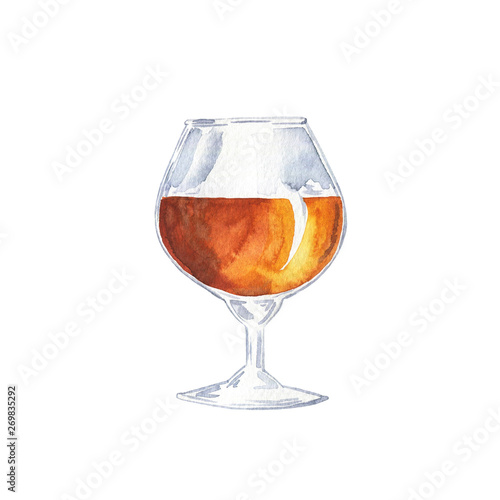 Glass of cognac, scotch or whiskey isolated on white background. Hand drawn watercolor illustration. 