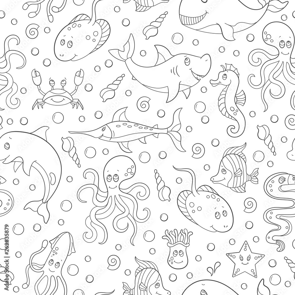 Seamless pattern with sea creatures, funny contour cartoon animals , dark  outline on white background Stock Vector | Adobe Stock