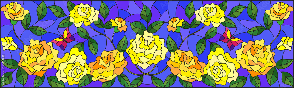 Illustration in stained glass style with flowers, butterflies and leaves of yellow rose on the blue background Illustration in stained glass style with flowers, butterflies and leaves of yellow rose on the blue background