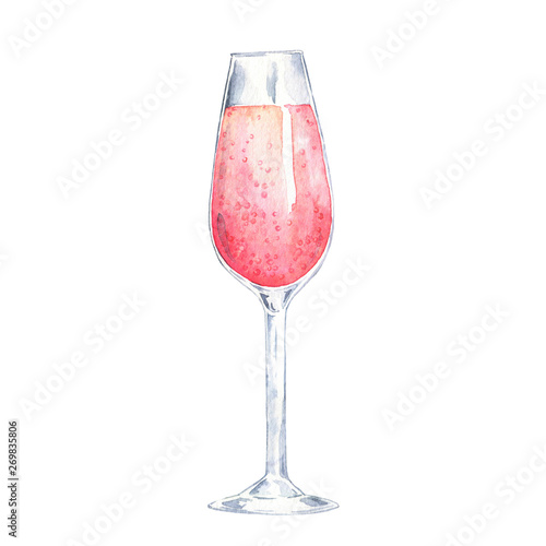 Glass of pink sparkling wine isolated on white background. Hand drawn watercolor illustration.