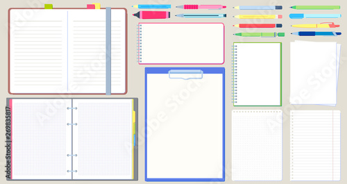 Notebook diary. Open notepad, empty sketchbook with writing pen and drawing pencil vector illustration set photo