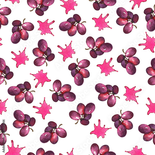 Seamless pattern with red grapes and pink backdrops on white background. Hand drawn watercolor illustration.