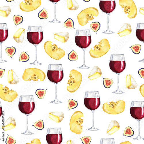 Seamless pattern with red wine, figs and cheese on white background. Hand drawn watercolor illustration.