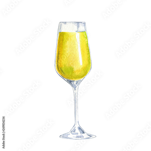 Glass of white wine isolated on white background. Hand drawn watercolor illustration.