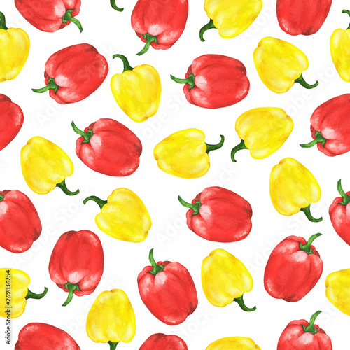 Seamless pattern with red and yellow bell pepper on white background. Hand drawn watercolor illustration. 