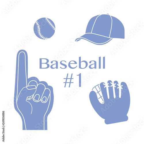 Baseball foam finger, ball, cap, glove. Sport, fan