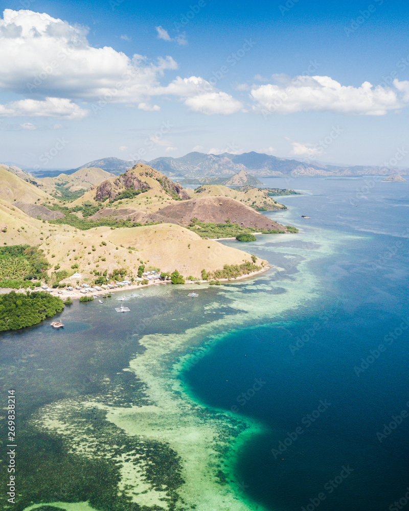 Aerial view of islands and corals at Labuan Bajo, Indonesia.