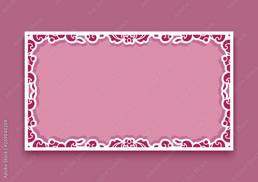 Rectangle photo frame with ornamental lace border, cutout paper decoration, wedding invitation or table place card template
