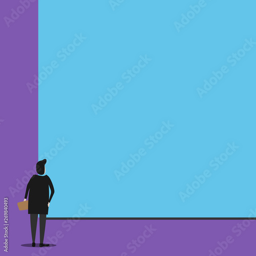 Back view young woman watching blank big rectangle. Geometrical background