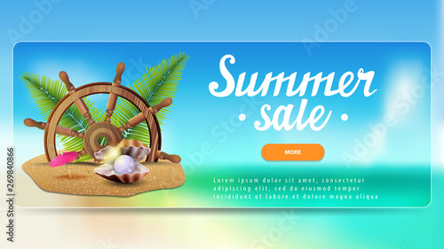 Summer sale, discount banner for your website with beautiful seascape, steering wheel of the ship in the sand, palm leaves and pearl