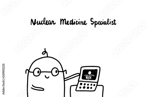 Nuclear medicine specialist hand drawn vector illustration in cartoon style. Men doctor with notebook photo