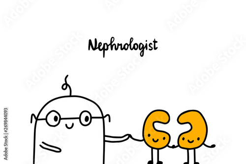Nephrologist hand drawn vector illustration. Cartoon doctor with kidneys