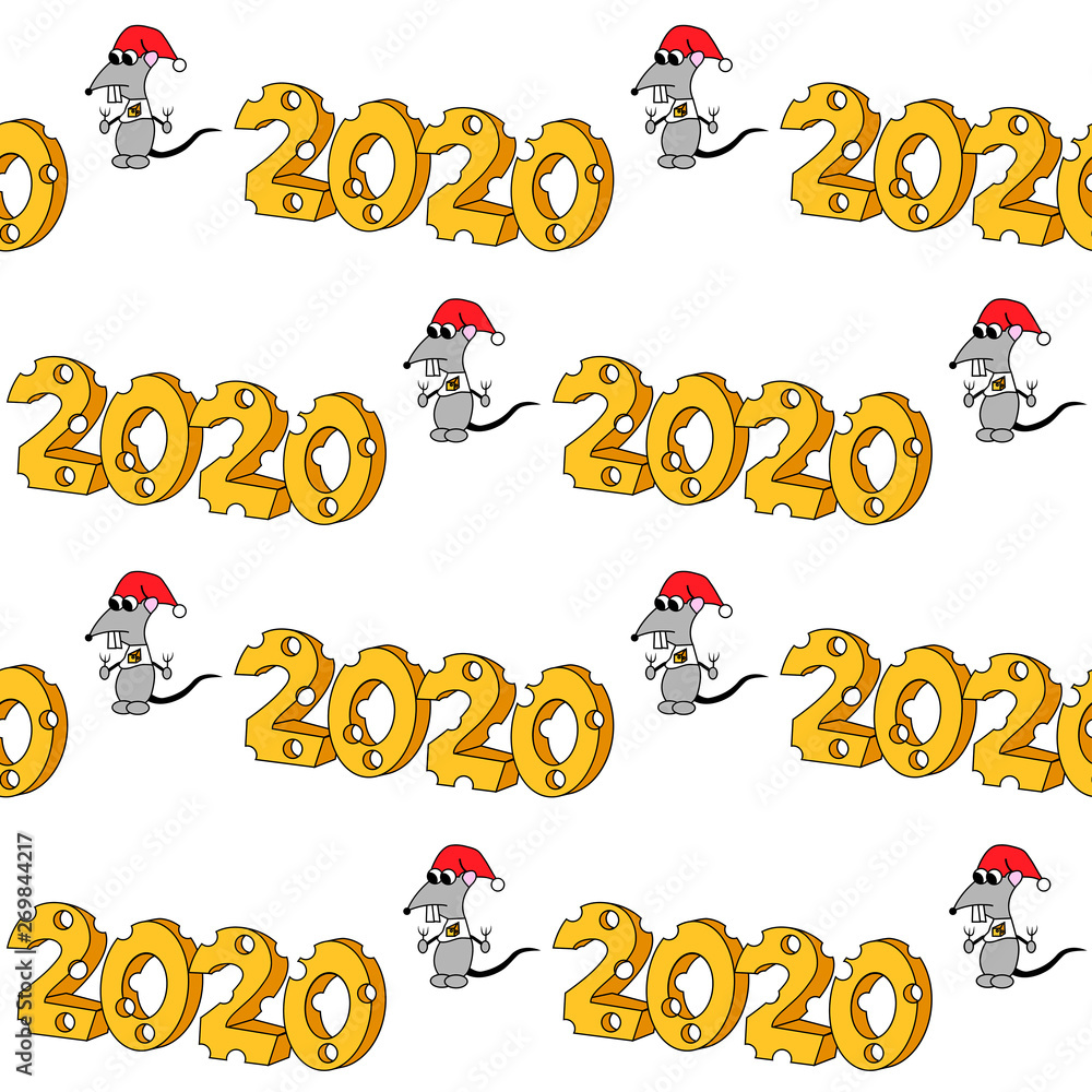 Fototapeta premium 2020 in cheese shape with hungry character. Year of the rat . Seamless pattern