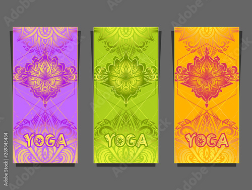 Set Template flyer or banner or visit Card for yoga classes with abstract Lotus or Mandala in Indian Asian Arabic Ethnic style in colorful tones 