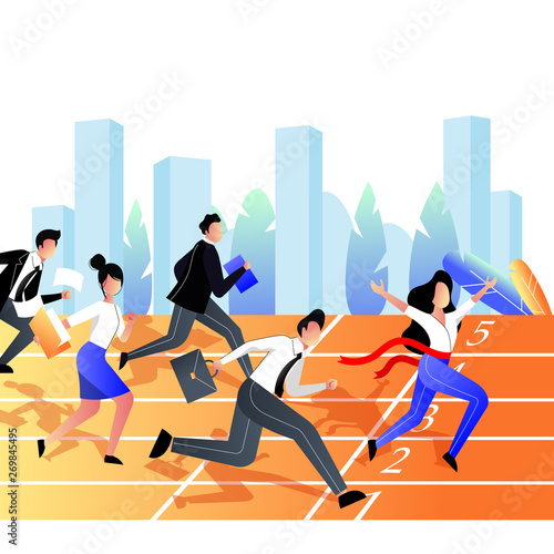 Business competition win concept. Group of business people race on the stadium sports track. Vector flat illustration