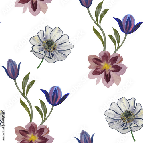 Seamless watercolor flowers pattern. Hand painted flowers on a white background. Flowers for design. Ornament flowers. Seamless botanical watercolor exotic floral pattern.