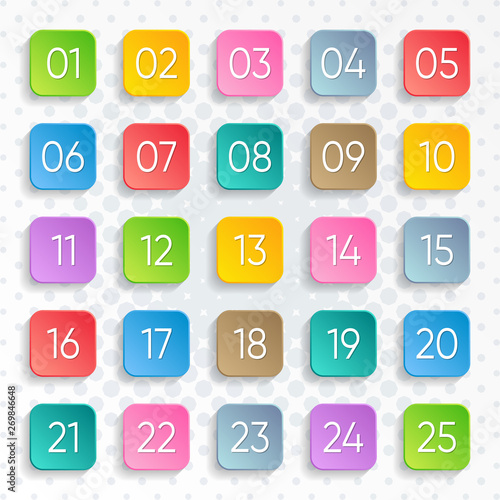 Twenty five colorful vector numbers rounded square design