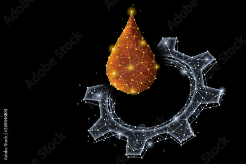Photos Abstract polygonal light design of cog gear with oil drop.