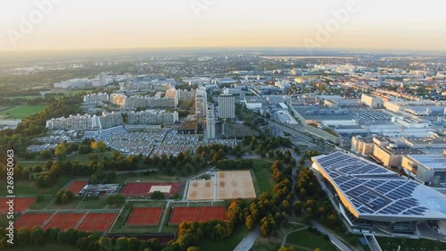 Aerial view of Munich Olympic village and tennis couts from Olympiaturm (Olympic Tower) in Munich, Germany photo