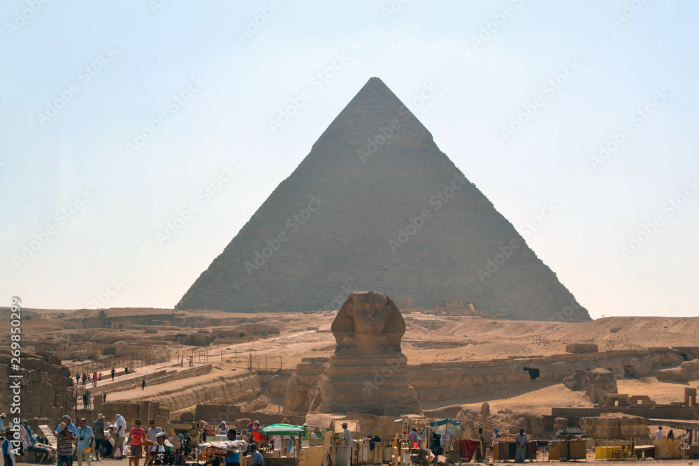 The Sphinx and the great Pyramid, Giza, Egypt, 06.018.2012 - tourists near pyramids