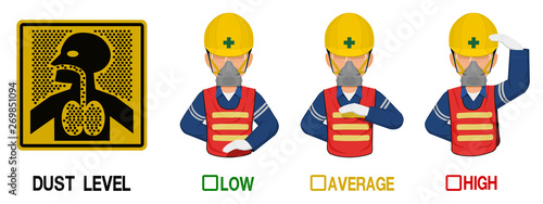 Set of industrial worker with dust mask is gesturing hand sign ( Low,Average,High)