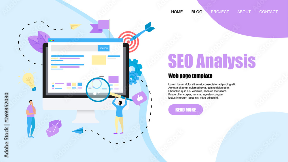 Webpage template. Seo analysis with search and magnifier on desktop. Business concept Webpage template. Seo analysis with search and magnifier on desktop. Business concept