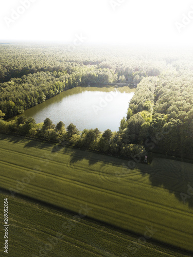 Waldsee, Luftaufnahme, See im Wald, grüne Wiesen, Felder, Ackerbau photo