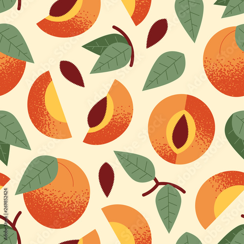 Ornament of cute, stylized ripe peach, pieces