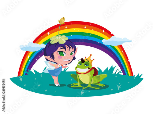 beautiful magic fairy with toad prince and rainbow