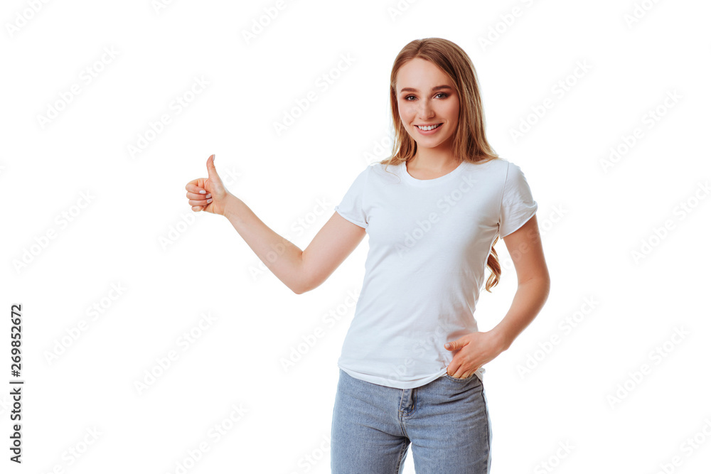 Young woman showing smile, in casual smart clothing, isolated against white background. Caucasian blonde model in emoshions and optimistic, positive, happy feeling concept studio shoot. Young woman showing smile, in casual smart clothing, isolated against white background. Caucasian blonde model in emoshions and optimistic, positive, happy feeling concept studio shoot.