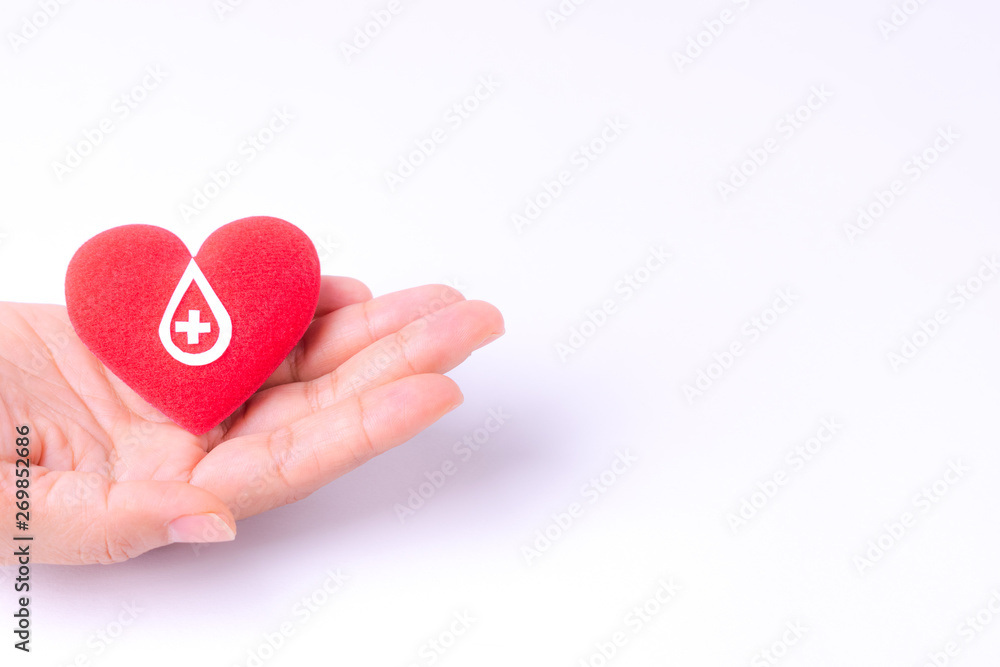 Woman hands holding red heart for blood donation,world blood donor day. Copy space for advertisers.