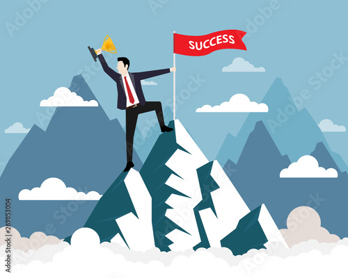 Businessman and Success flag on top of the mountain