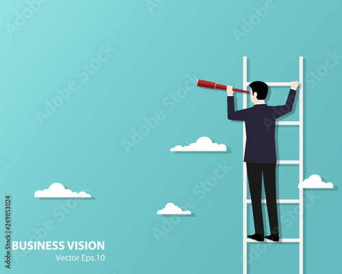 Businessman climbing up staircase use binocular looking for success