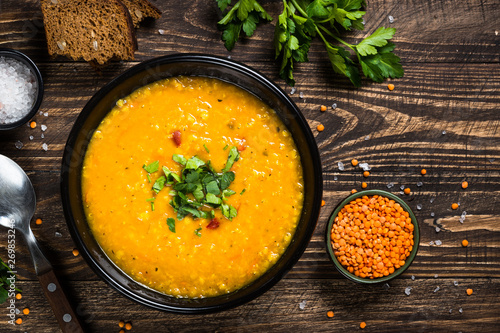 Fotografija Red lentil soup top view.